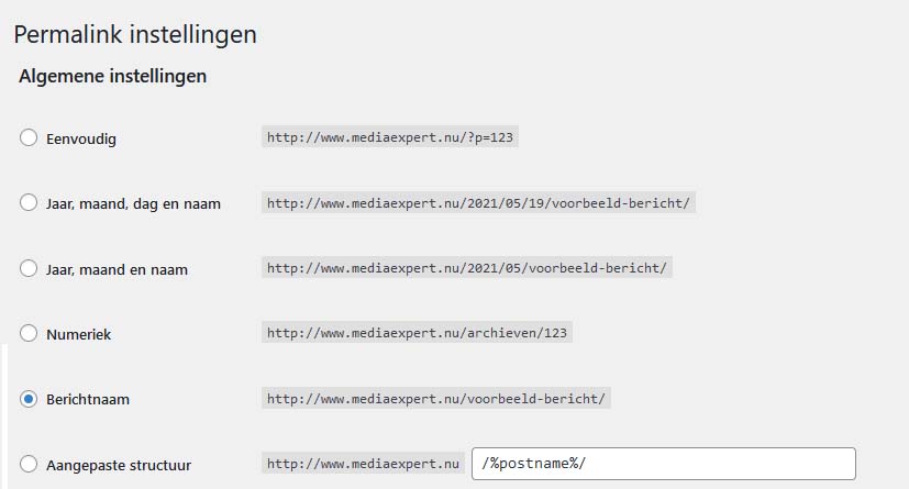 Permalink instelling in WordPress